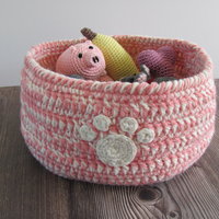 Pink and White Crocheted Paw Print Pet Toy Basket