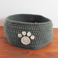 Dark Gray Crocheted Paw Print Pet Toy Basket, Made in USA