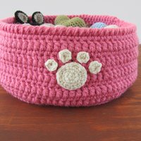 Pink Crocheted Paw Print Pet Toy Basket, Made in USA