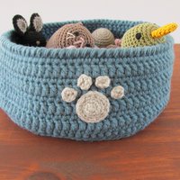 Country Blue Crocheted Paw Print Pet Toy Basket, Made in USA