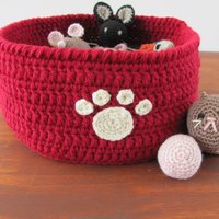 Red Crocheted Paw Print Pet Toy Basket, Made in USA