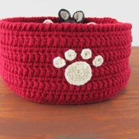 Red Crocheted Paw Print Pet Toy Basket, Made in USA