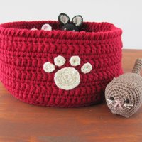 Red Crocheted Paw Print Pet Toy Basket, Made in USA