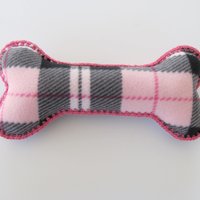 Pink Plaid Fleece Dog Bone Shaped Pillow with Crochet Trim, Made in USA