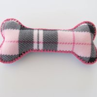 Pink Plaid Fleece Dog Bone Shaped Pillow with Crochet Trim, Made in USA