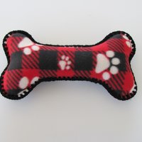 Red Plaid Fleece Paw Print Dog Bone Pillow with Crochet Trim, Made in USA