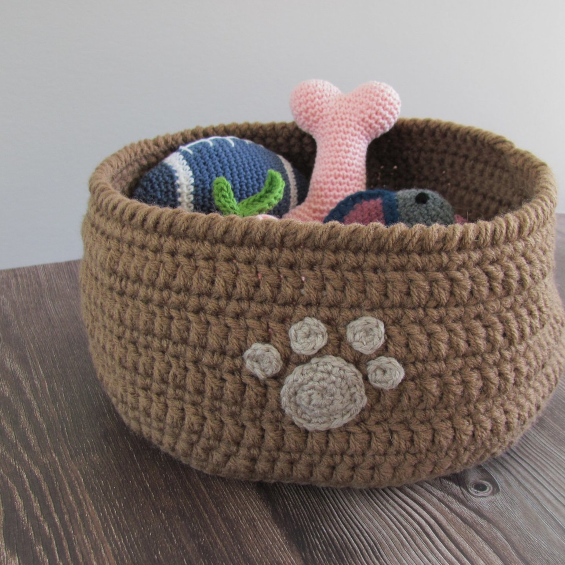 Brown Crocheted Paw Print Pet Toy Basket, Made in USA