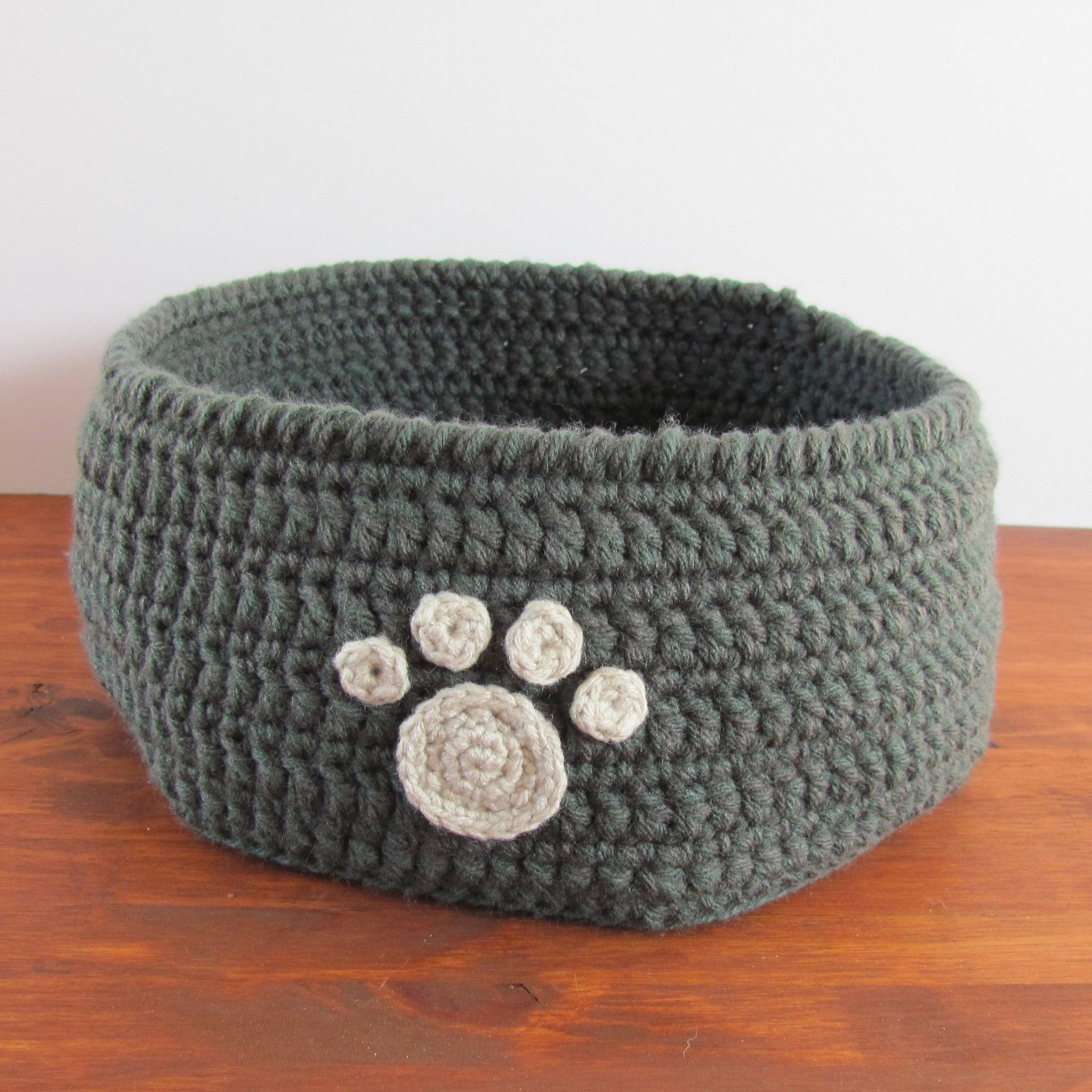 Dark Gray Crocheted Paw Print Pet Toy Basket, Made in USA