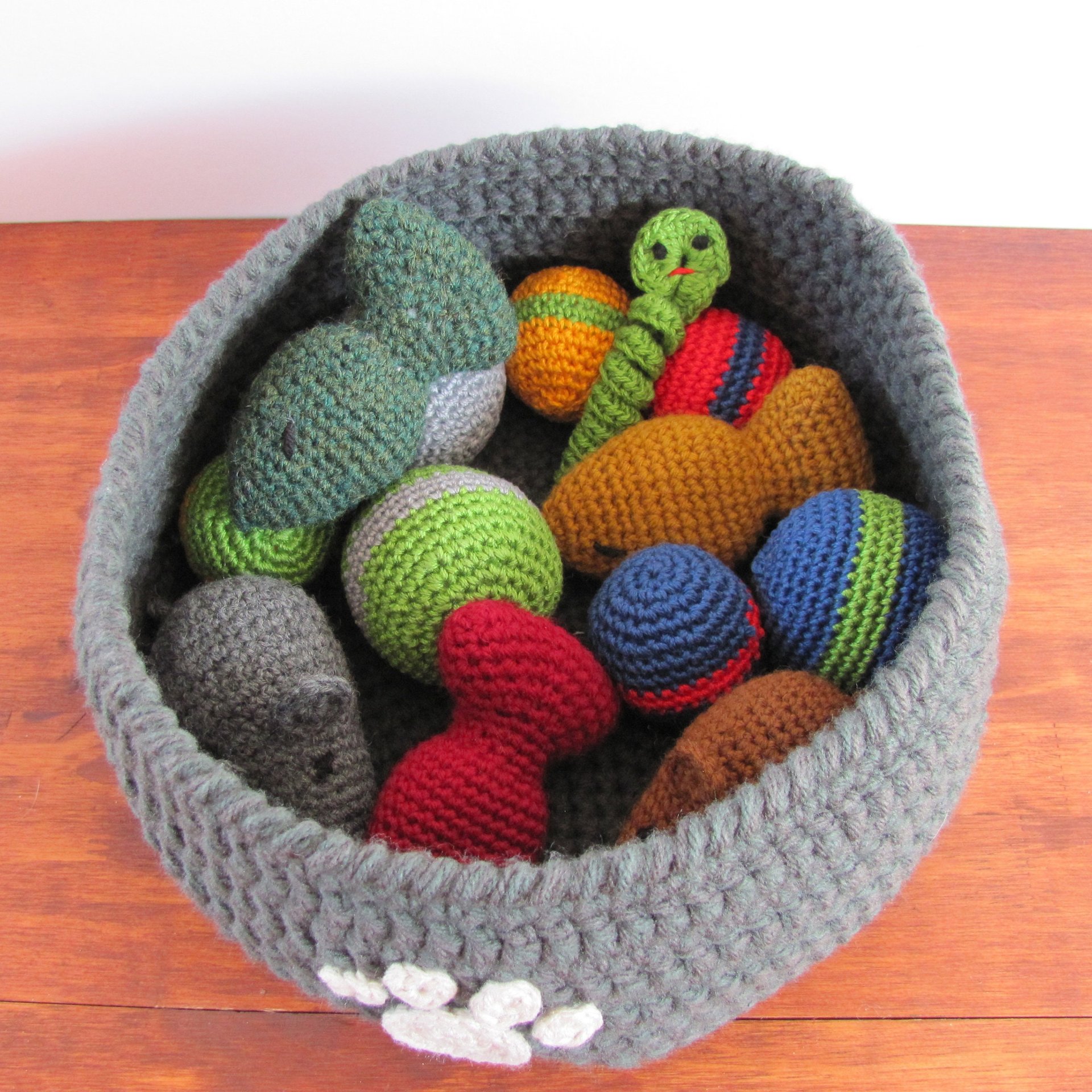 Dark Gray Crocheted Paw Print Pet Toy Basket, Made in USA