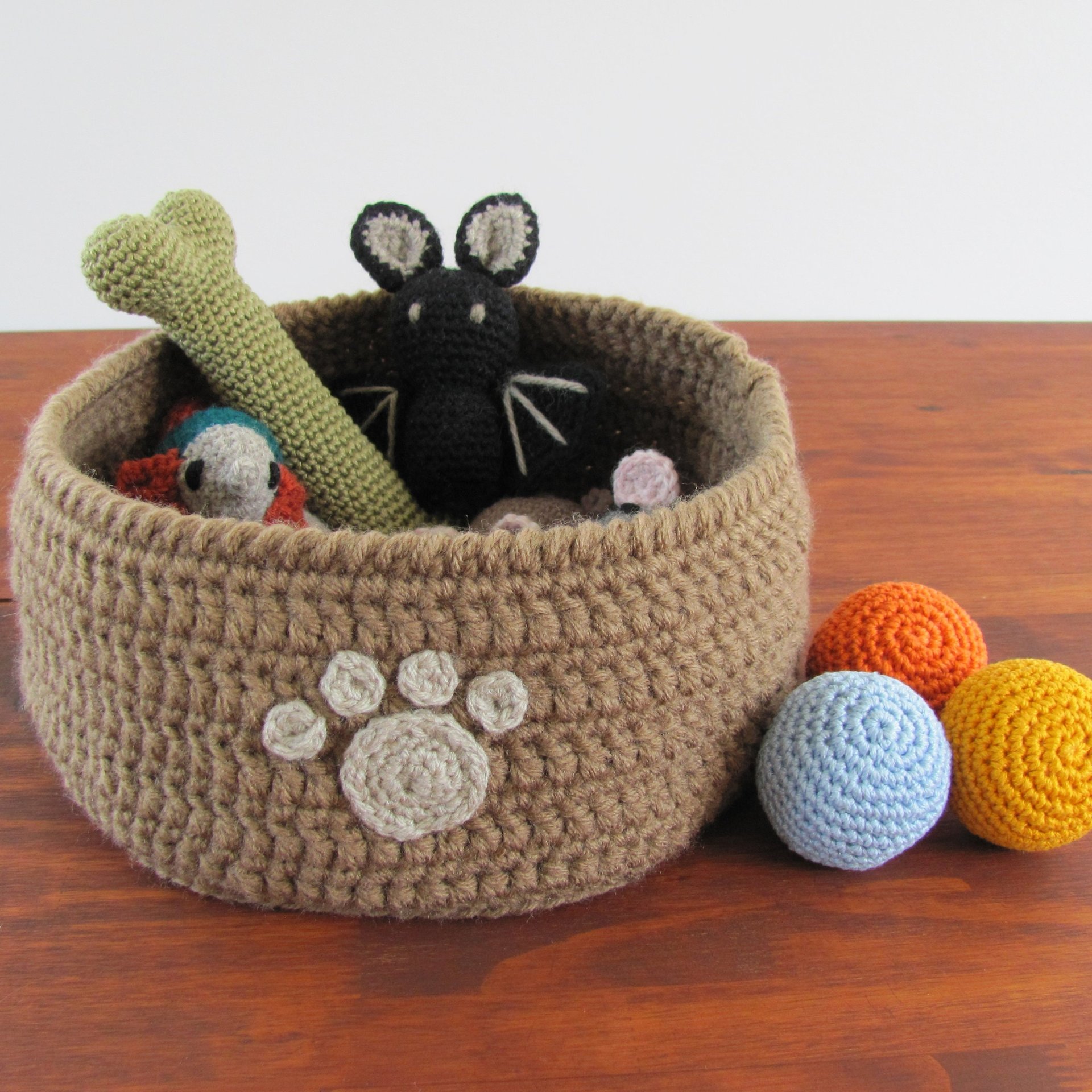 Brown Crocheted Paw Print Pet Toy Basket, Made in USA