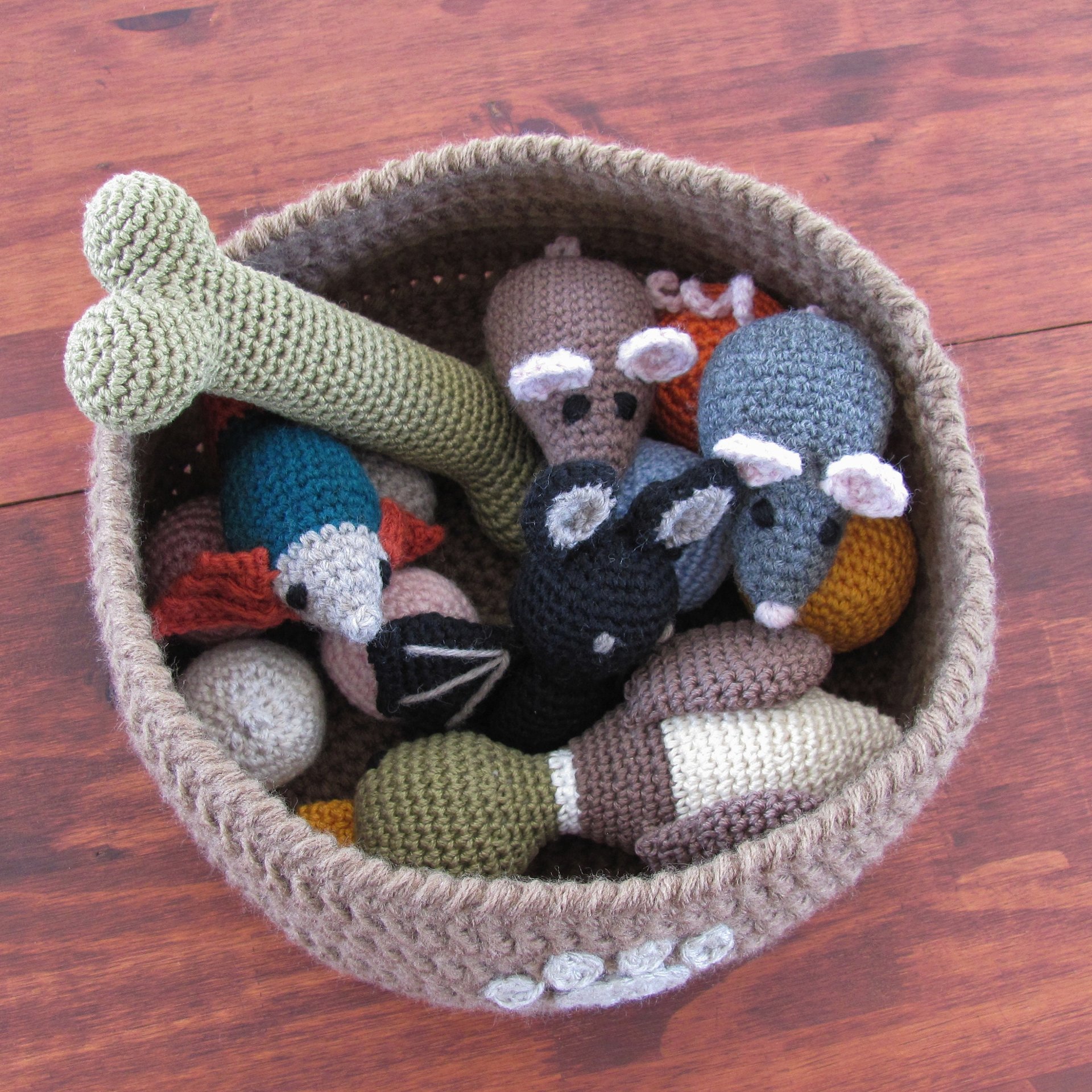 Brown Crocheted Paw Print Pet Toy Basket, Made in USA