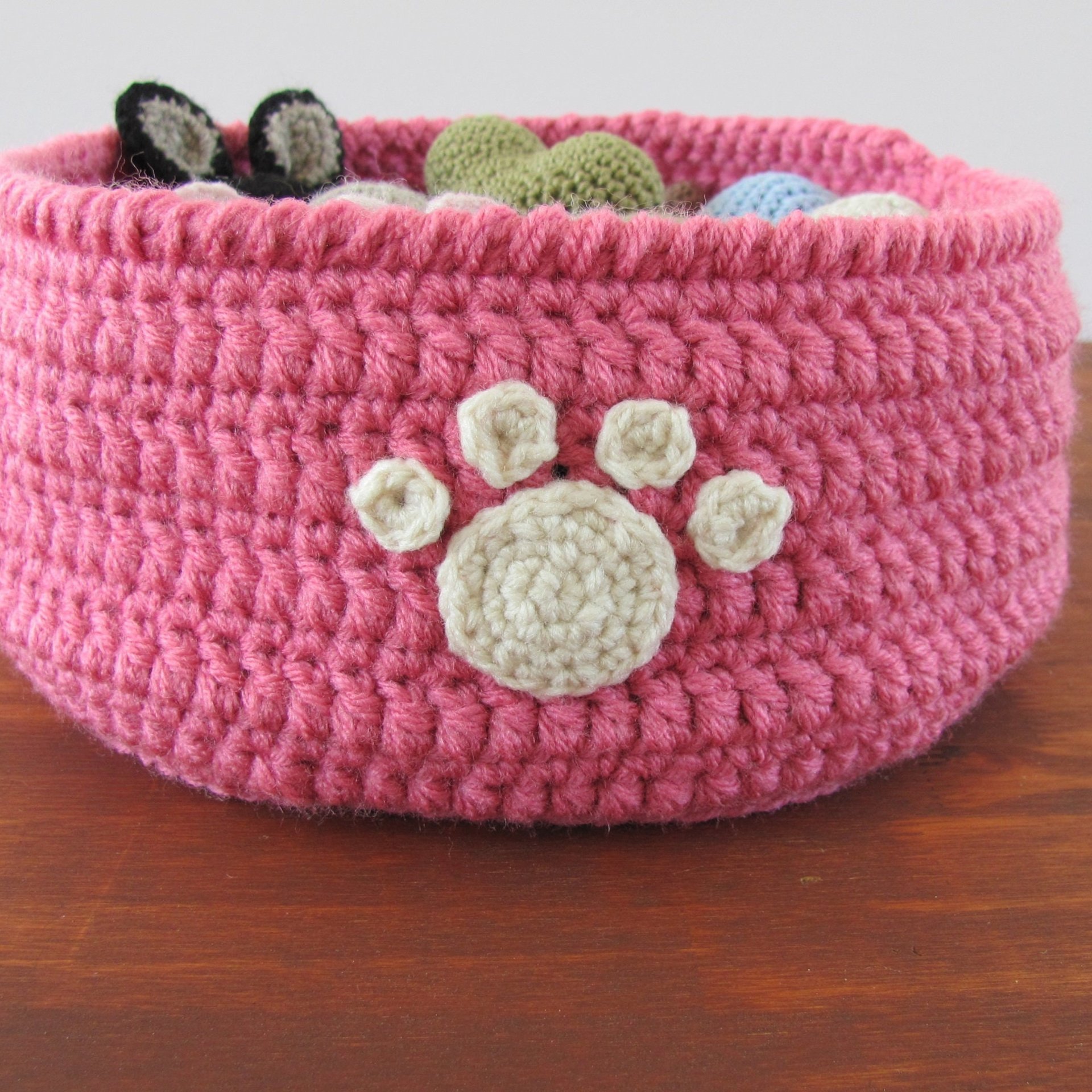 Pink Crocheted Paw Print Pet Toy Basket, Made in USA