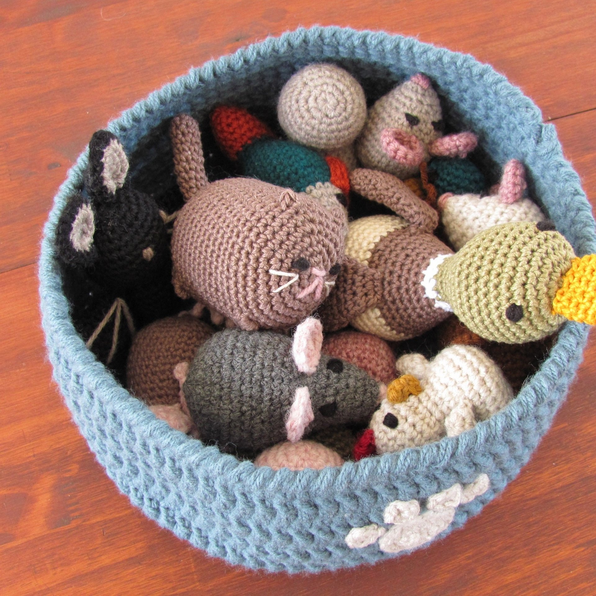 Country Blue Crocheted Paw Print Pet Toy Basket, Made in USA