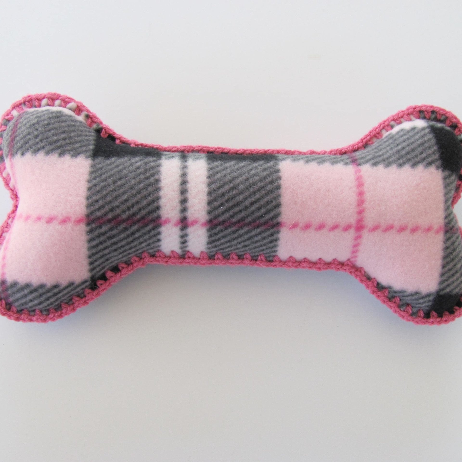 Pink Plaid Fleece Dog Bone Shaped Pillow with Crochet Trim, Made in USA