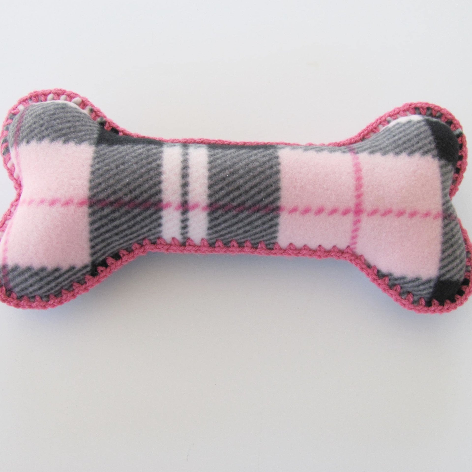 Pink Plaid Fleece Dog Bone Shaped Pillow with Crochet Trim, Made in USA