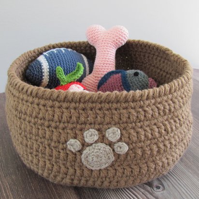 Brown Crocheted Paw Print Pet Toy Basket, Made in USA