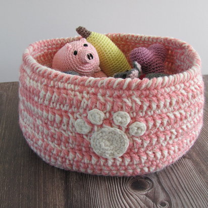 Pink and White Crocheted Paw Print Pet Toy Basket
