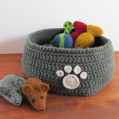 Dark Gray Crocheted Paw Print Pet Toy Basket, Made in USA