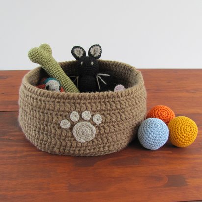 Brown Crocheted Paw Print Pet Toy Basket, Made in USA