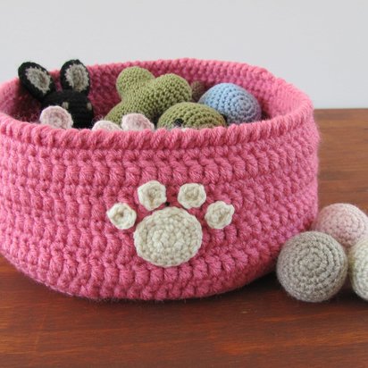 Pink Crocheted Paw Print Pet Toy Basket, Made in USA