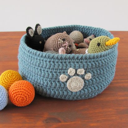 Country Blue Crocheted Paw Print Pet Toy Basket, Made in USA