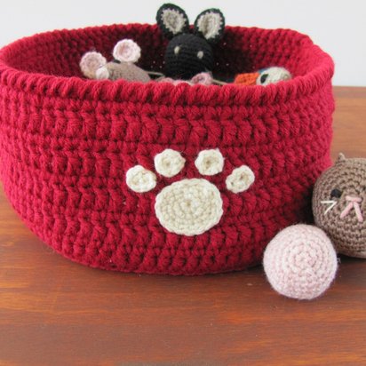 Red Crocheted Paw Print Pet Toy Basket, Made in USA