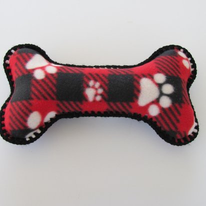 Red Plaid Fleece Paw Print Dog Bone Pillow with Crochet Trim, Made in USA